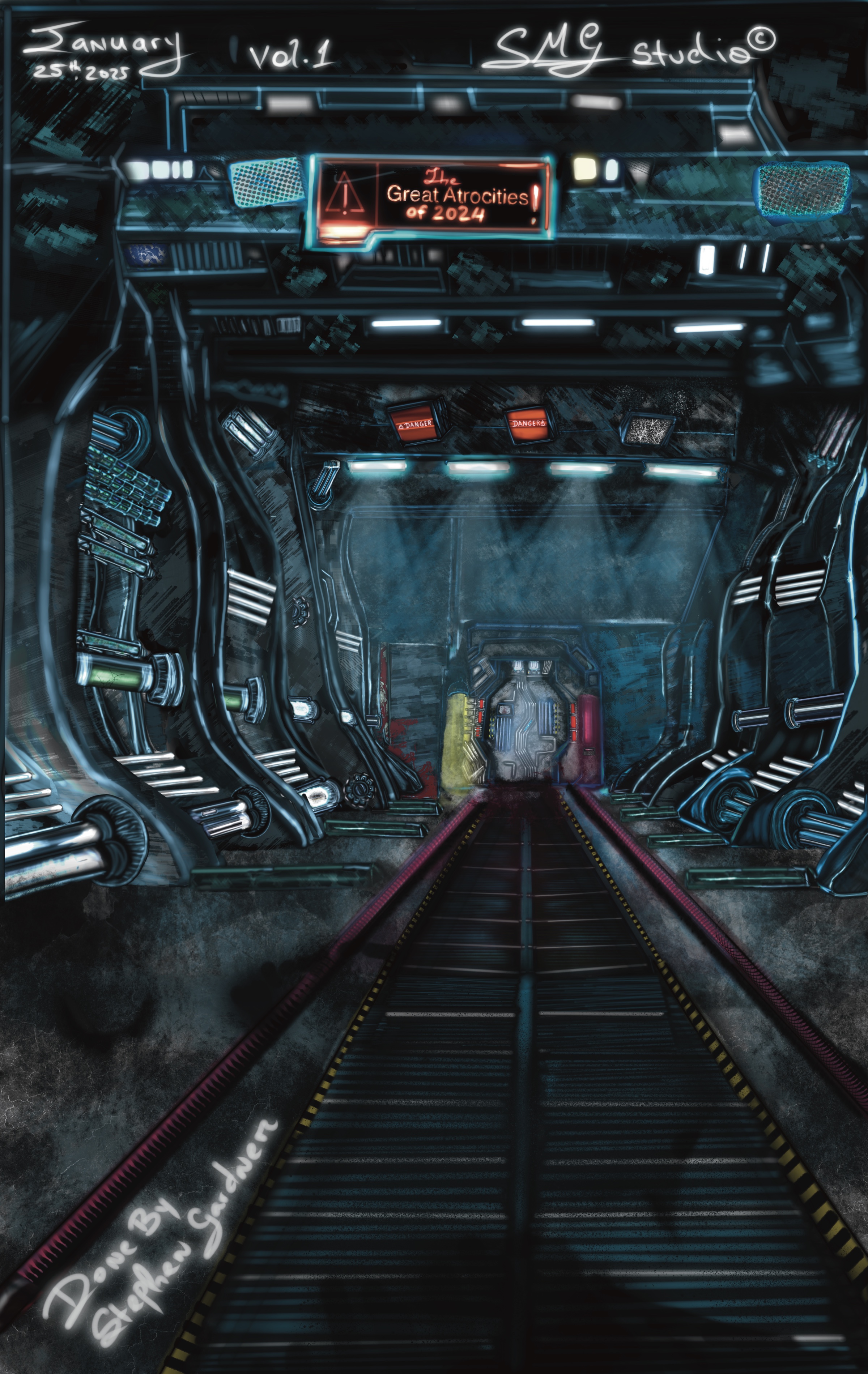Cover artwork for The Great Atrocities of 2024 by Stephen Gardner.