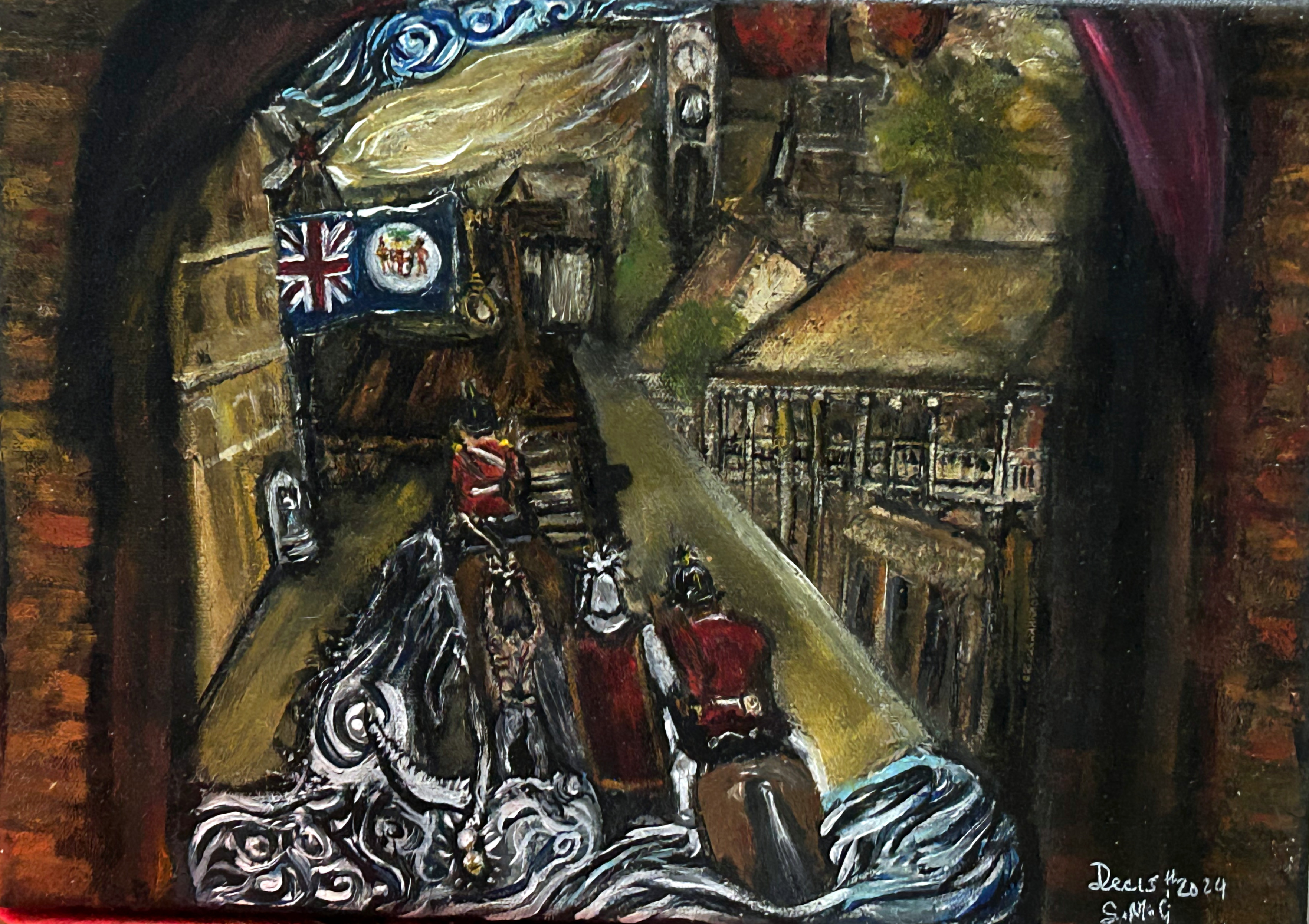 A dense, dark Port Royal execution scene with a hooded prisoner, guards and a priest gathered beneath timber structures and a looming clock-like mechanism.